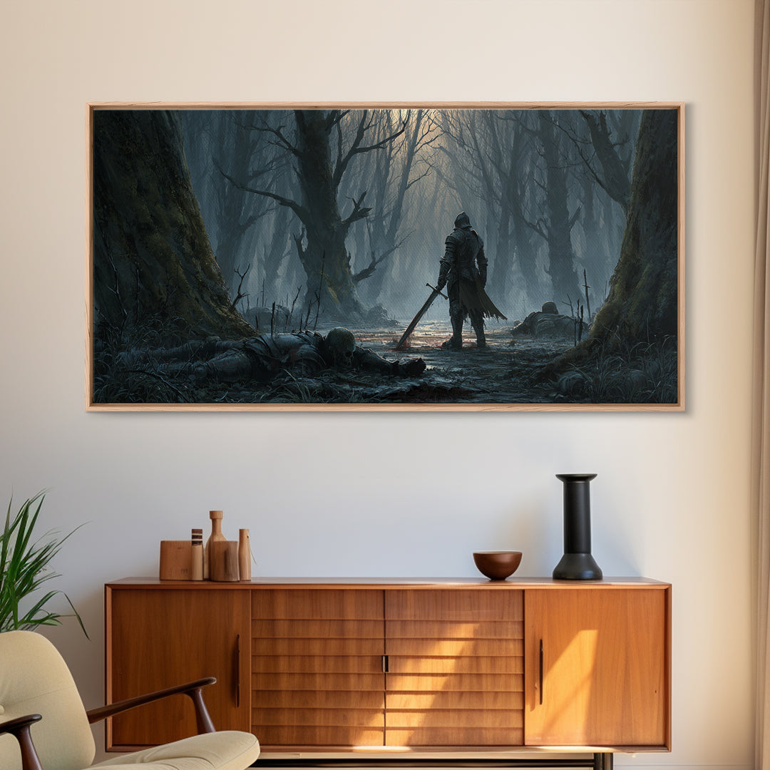 Lone Knight In Haunted Swamp Forest Wall Art, Dark Fantasy Canvas Print, Gothic Decor, Moody Medieval Home Decor Gift For Him