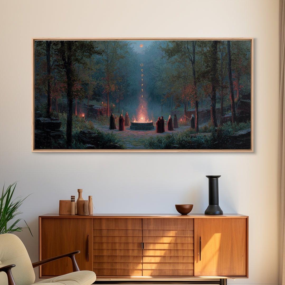 Hooded Druids Around Moonlit Forest Altar Wall Art, Dark Fantasy Canvas Print, Gothic Witchy Decor, Mystical Home Decor Gift