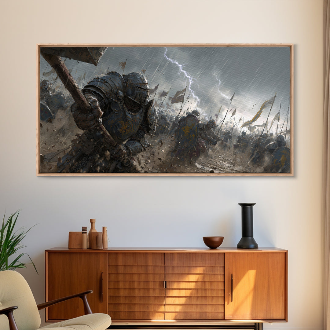Knights In Rainy Lightning Battlefield Canvas Print, Medieval Fantasy Wall Art, Epic Dark War Decor, Game Room Gift For Him
