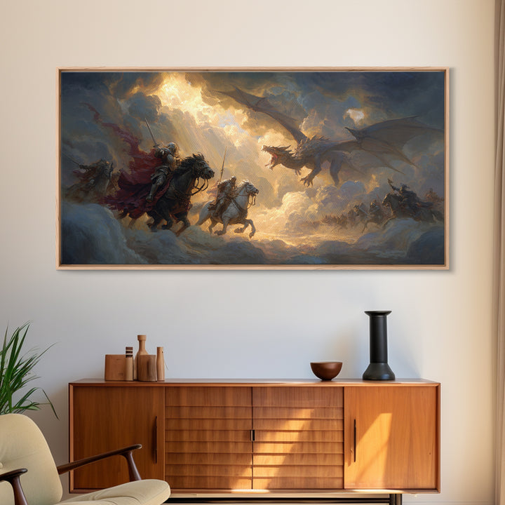 Knights Charging Toward Dragon In Stormy Sky Canvas Print, Epic Fantasy Wall Art For Gamer Room And Medieval Home Decor Gift