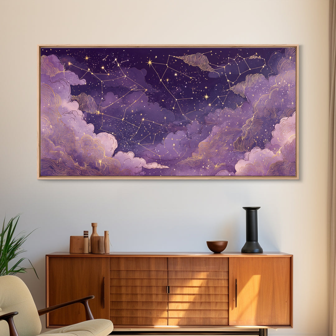 Purple Zodiac Constellation Night Sky Wall Art, Celestial Canvas Print, Astrology Wall Decor, Mystical Bedroom Decor, Gift For Her