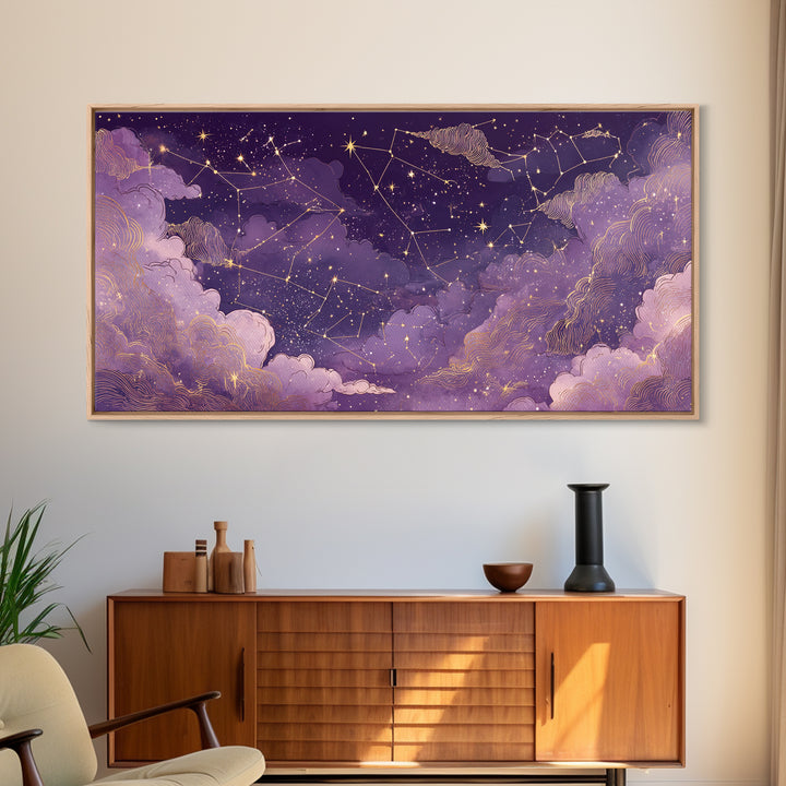 Purple Zodiac Constellation Night Sky Wall Art, Celestial Canvas Print, Astrology Wall Decor, Mystical Bedroom Decor, Gift For Her