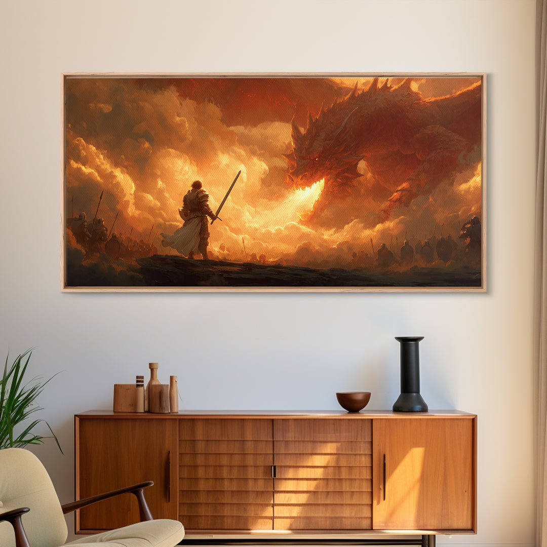 Lone Swordsman Facing Fire Dragon Wall Art, Dark Fantasy Canvas Print For Medieval Decor, Gamer Room, And Unique Gift For Him