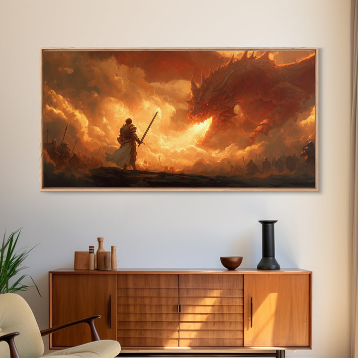 Lone Swordsman Facing Fire Dragon Wall Art, Dark Fantasy Canvas Print For Medieval Decor, Gamer Room, And Unique Gift For Him