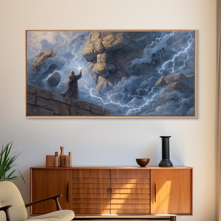 Storm Wizard Summoning Stone Giant Wall Art, Lightning Fantasy Canvas Print For Dark Academia Decor And Dnd Gamer Gift Idea