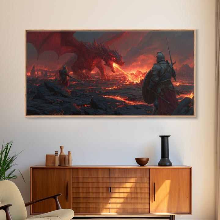 Armored Knights Facing Lava Dragon Canvas Print, Dark Fantasy Wall Art For Medieval Gaming Room And Dramatic Home Decor Gift