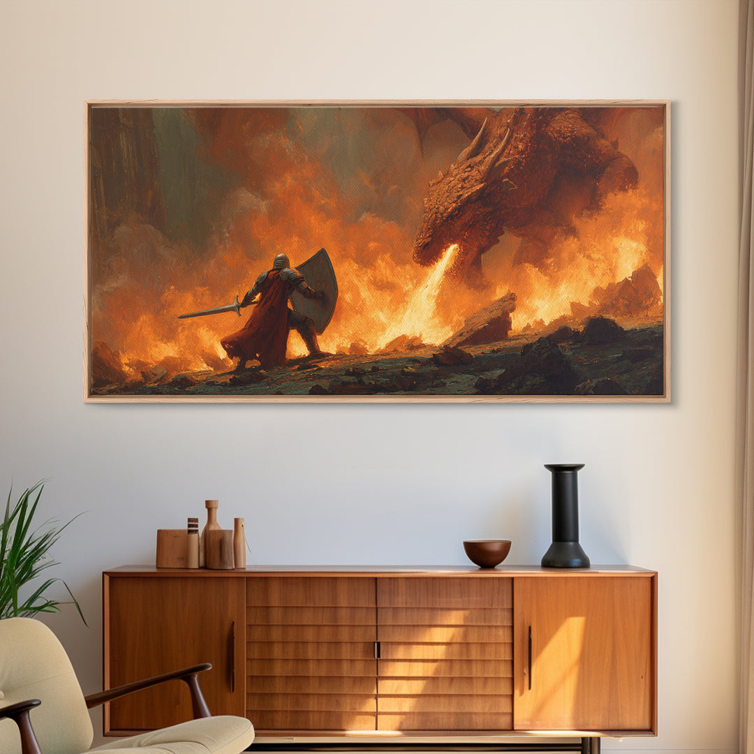 Knight With Shield Against Fire Dragon Wall Art, Epic Fantasy Canvas Print For Medieval Decor And Masculine Office Art Gift