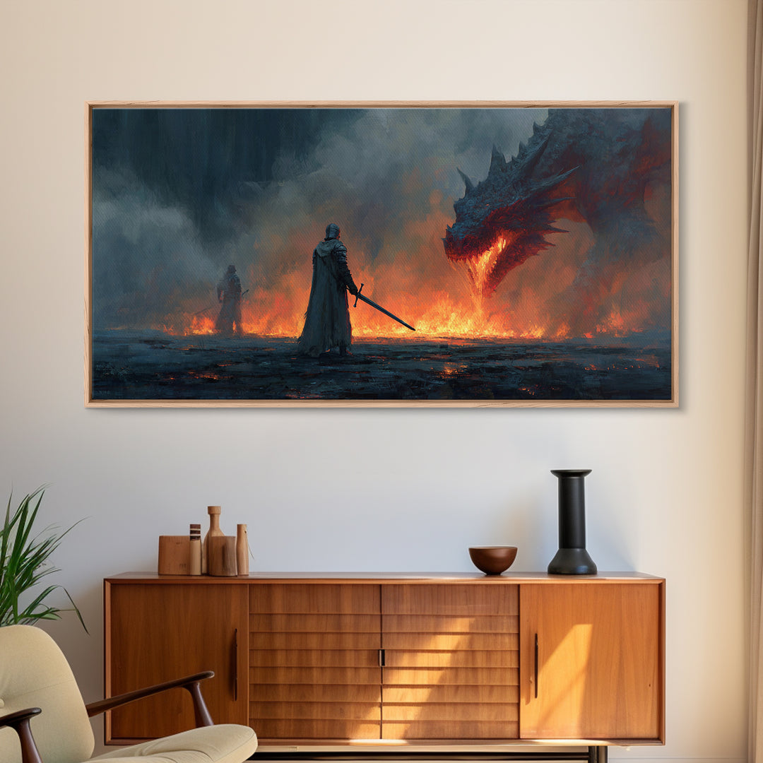 Cloaked Warrior Facing Blue Dragon Canvas Print, Moody Dark Fantasy Wall Art For Gamer Room Decor And Gothic Gift For Him
