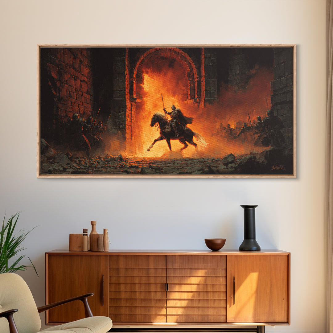 Mounted Knight Riding Through Fiery Gate Wall Art, Medieval Fantasy Canvas Print For Dark Castle Decor And Gamer Gift Idea
