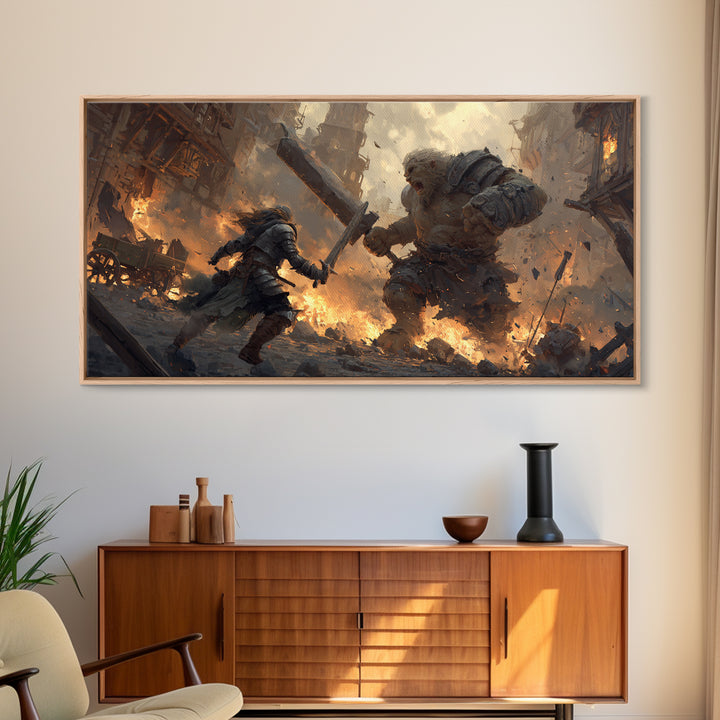 Armored Warrior Battling Giant Troll Canvas Print, Epic Fantasy Wall Art For Gaming Room Decor And Medieval Gift For Him