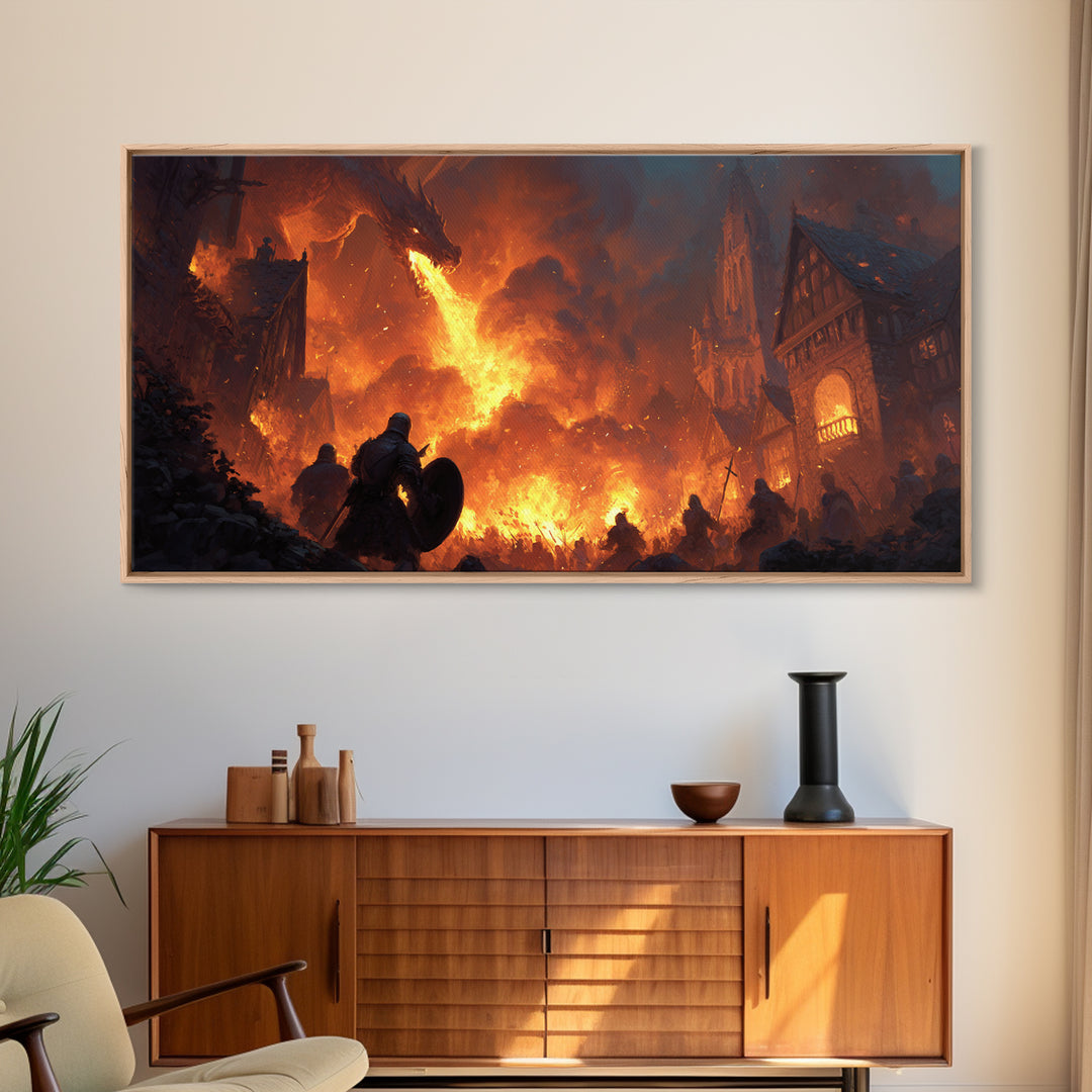 Dragon Burning Medieval Village Wall Art, Dark Fantasy Canvas Print For Gothic Castle Decor, Gamer Room, And Gift For Him
