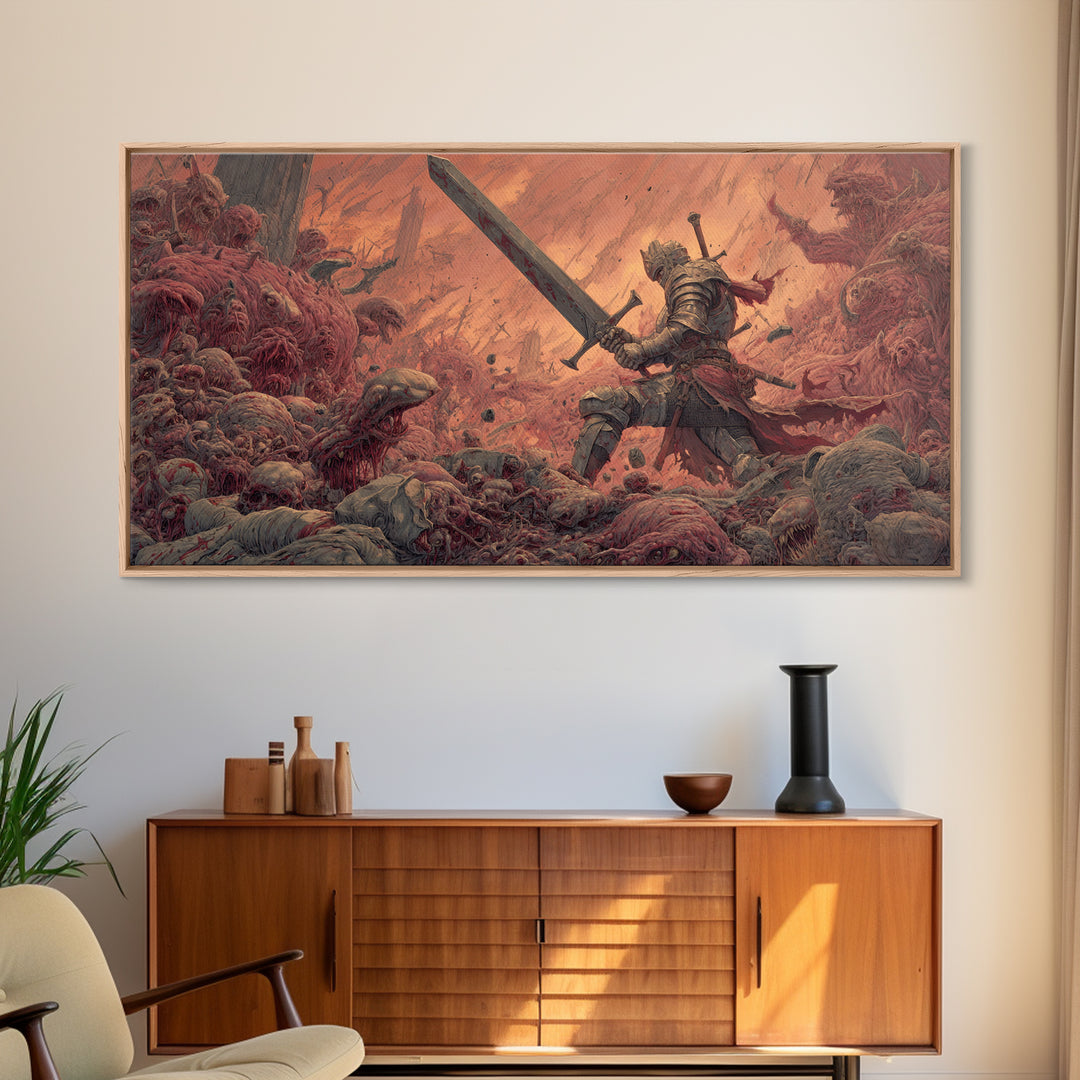 Armored Hero With Giant Sword Wall Art, Surreal Dark Fantasy Canvas Print For Monster Battle Decor And Gothic Gamer Gift