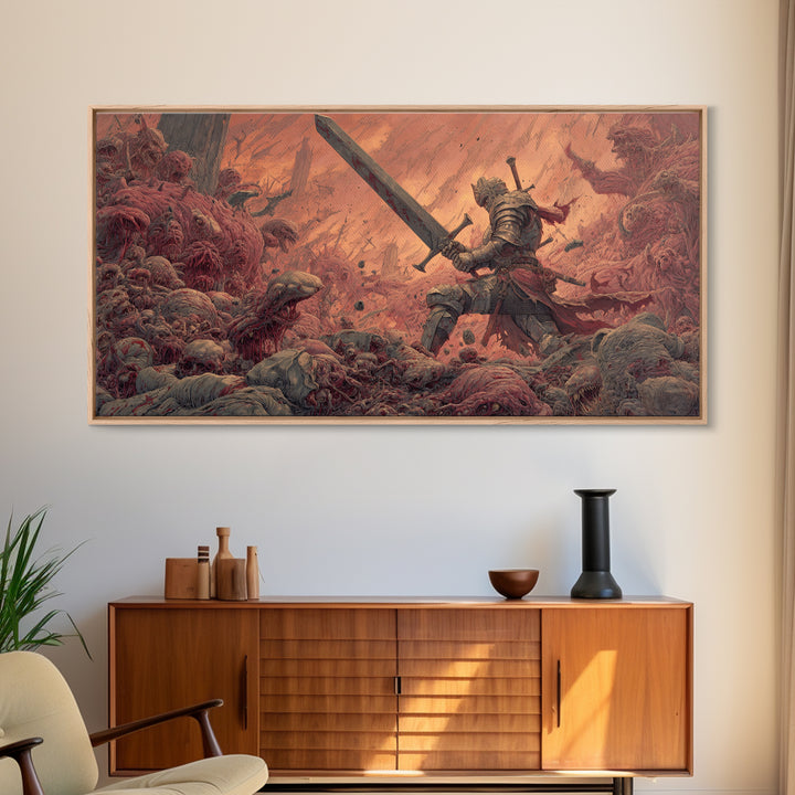 Armored Hero With Giant Sword Wall Art, Surreal Dark Fantasy Canvas Print For Monster Battle Decor And Gothic Gamer Gift