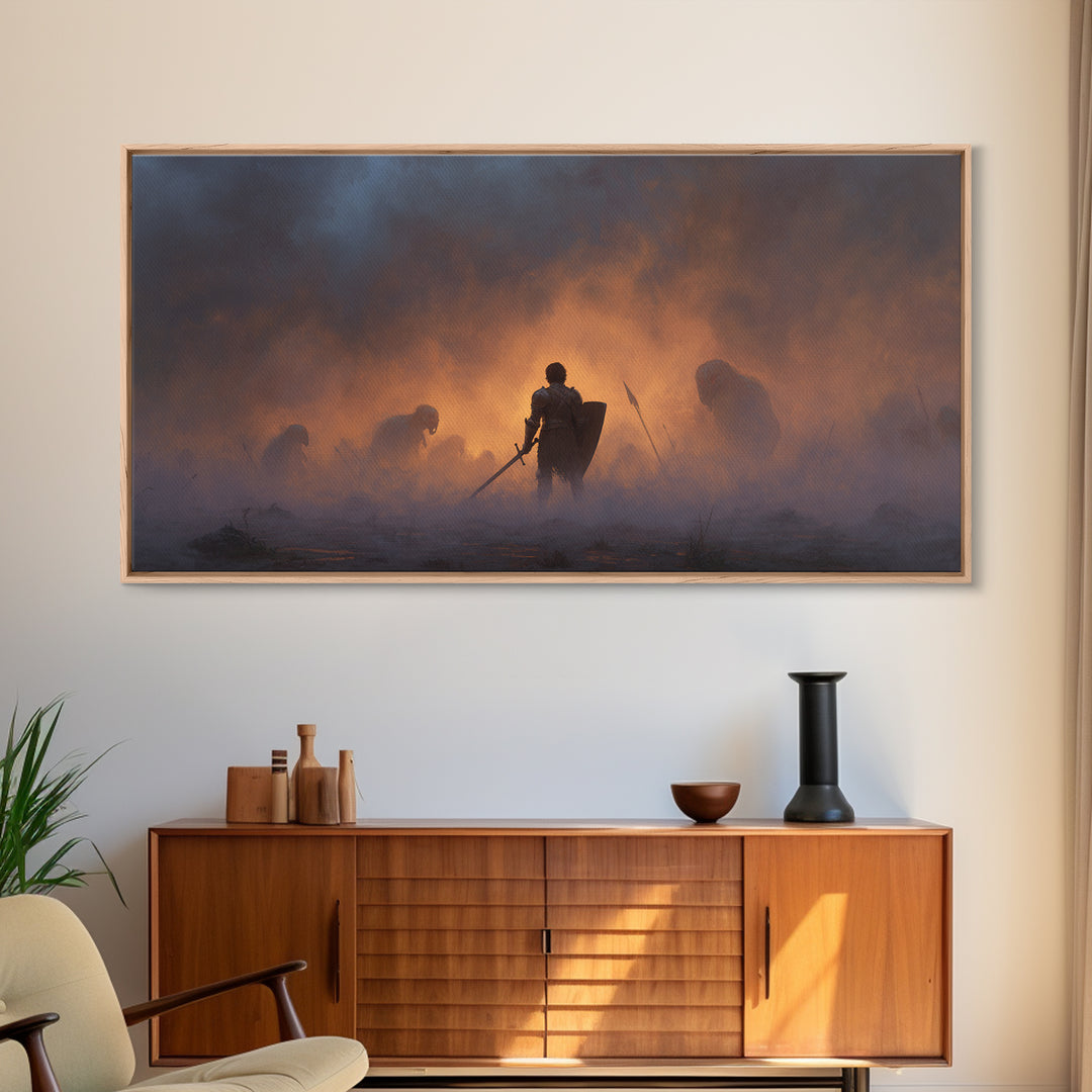 Lone Knight In Smoky Ember Battlefield Wall Art, Dark Fantasy Art, Medieval Warrior, Gothic Decor, Dramatic Canvas Print
