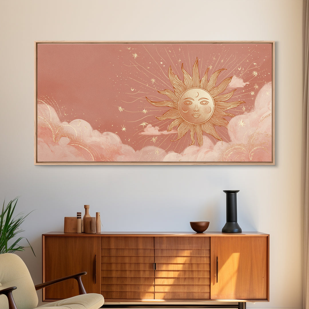Peach Boho Sun Face In Cloudy Sky Wall Art, Celestial Art Print, Nursery Wall Decor, Whimsical Kids Room Decor Gift For Her