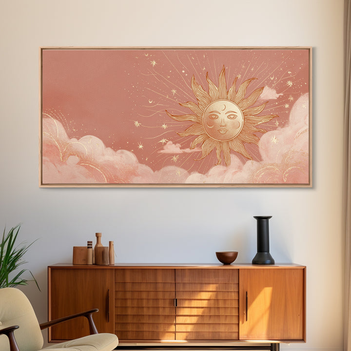 Peach Boho Sun Face In Cloudy Sky Wall Art, Celestial Art Print, Nursery Wall Decor, Whimsical Kids Room Decor Gift For Her