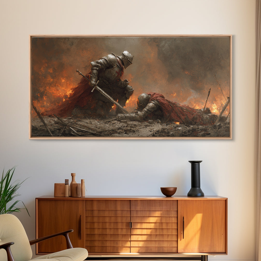 Armored Knight Lifting Fallen Warrior Framed Canvas Print, Dark Fantasy Art, Medieval Battle, Gothic Wall Decor, Gift For Him