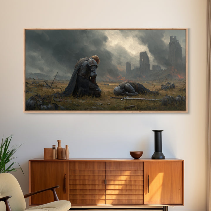 Kneeling Knight Beside Fallen Comrade Wall Art, Dark Fantasy Landscape, Medieval Ruins, Moody Wall Decor, Large Canvas Print