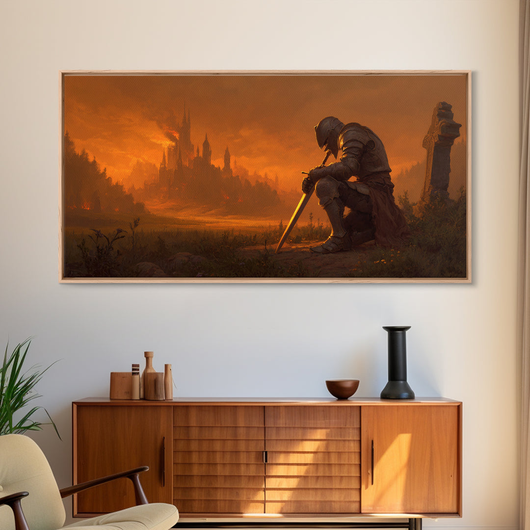 Kneeling Knight Before Burning Castle Canvas Print, Dark Fantasy Art, Medieval Landscape, Gothic Wall Decor, Office Decor