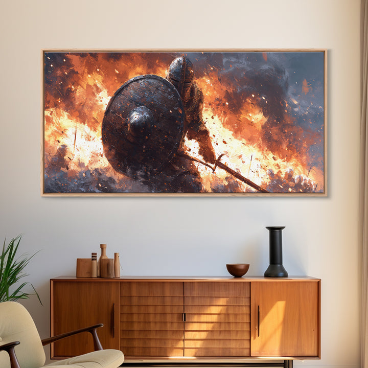 Shielded Knight Charging Through Fire Wall Art, Dark Fantasy Warrior, Medieval Battle, Gothic Home Decor, Statement Canvas Print