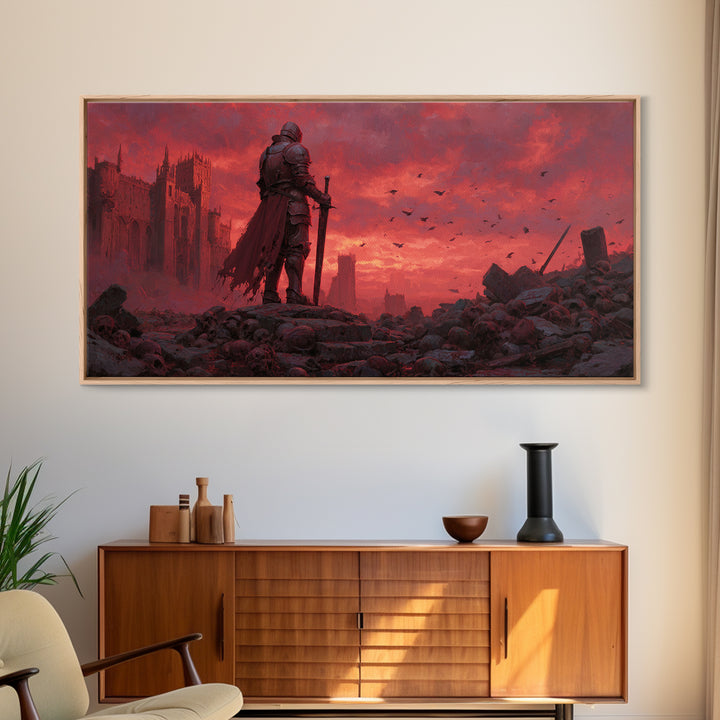 Knight Standing Among Skulls At Red Ruins Wall Art, Dark Fantasy Art, Gothic Decor, Medieval Warrior, Dramatic Canvas Print