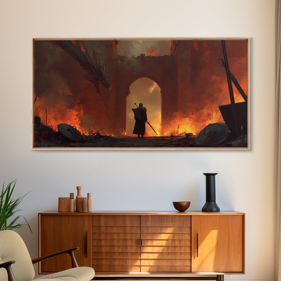 Knight Facing Dragon At Burning Gate Framed Canvas Print, Dark Fantasy Art, Medieval Castle, Gothic Wall Decor, Epic Gift