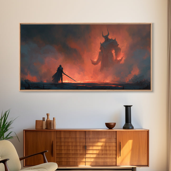 Lone Knight Facing Fire Demon Wall Art, Dark Fantasy Art, Surreal Gothic Decor, Medieval Warrior, Epic Statement Canvas Print