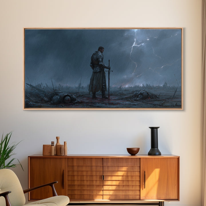 Storm Worn Knight In Rainy Battlefield Wall Art, Dark Fantasy Landscape, Medieval Warrior, Moody Gothic Decor, Canvas Print