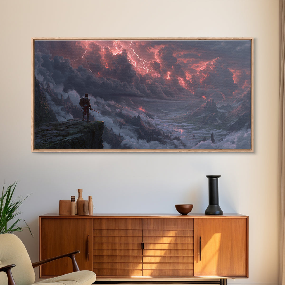 Knight On Mountain Cliff Under Lightning Wall Art, Dark Fantasy Landscape, Epic Mountain Art, Gothic Decor, Canvas Print