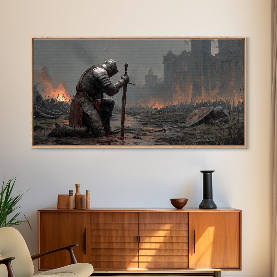 Kneeling Knight In Rainy Battlefield Framed Canvas Print, Dark Fantasy Wall Art, Medieval Castle Office Decor Gift For Him