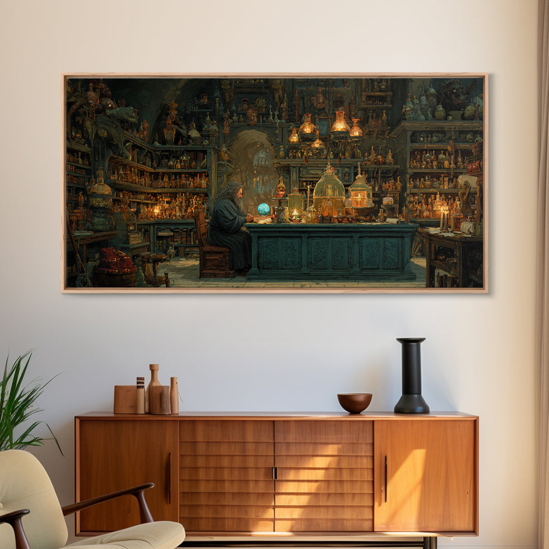 Wizard Alchemy Shop Canvas Print, Dark Academia Wall Art, Fantasy Library Decor, Gothic Apothecary Art Print For Living Room Home Decor