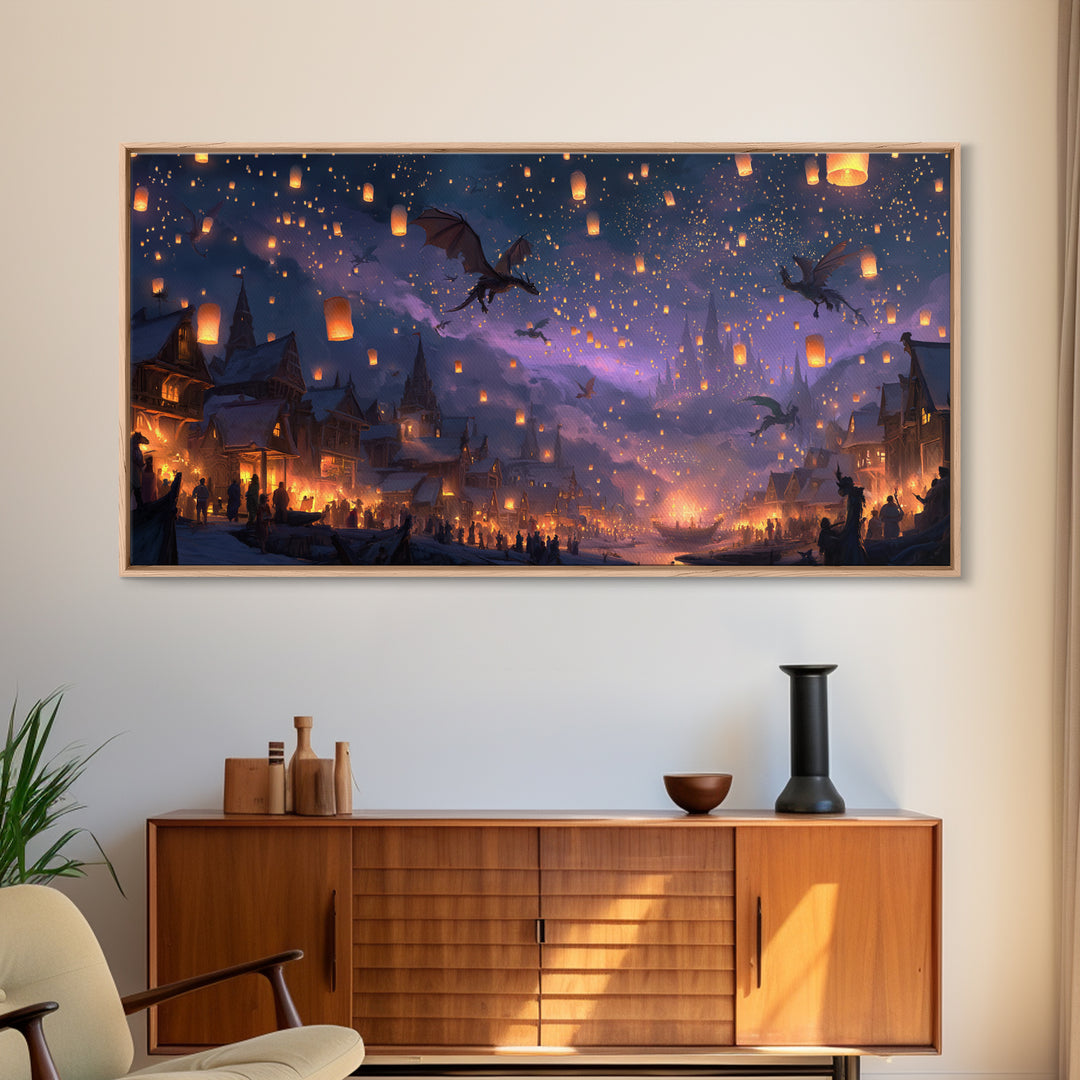 Dragon Lantern Festival Village Canvas Print, Fantasy Wall Art, Whimsical Night Sky Decor, Magical Kids Room Decor Gift Idea