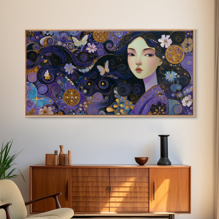 Purple Art Nouveau Woman Wall Art, Feminine Portrait Canvas Print, Butterfly Floral Decor, Gold Boho Gallery Wall Art Print
