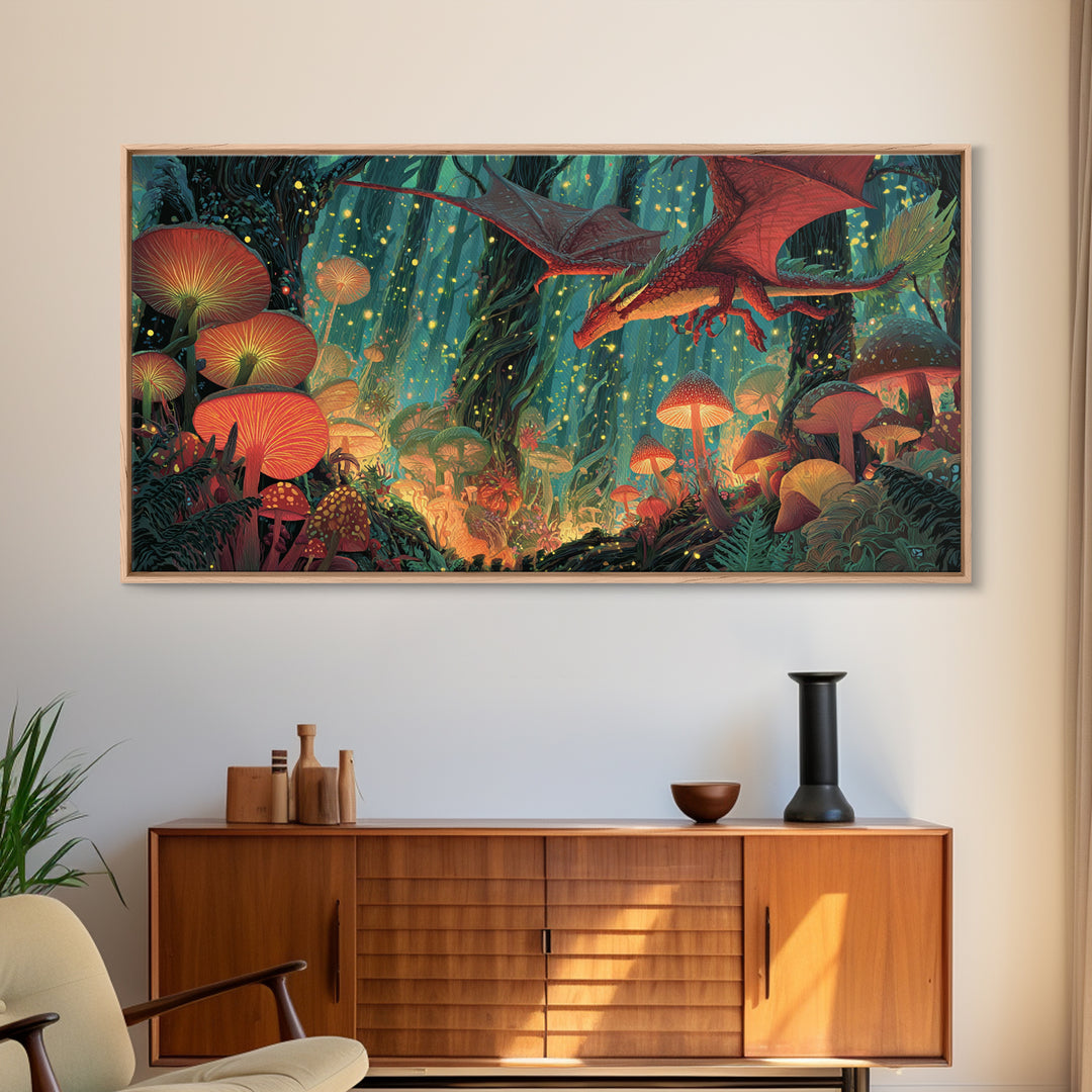 Red Dragon Over Glowing Mushroom Forest Wall Art, Whimsical Fantasy Canvas Print, Enchanted Woodland Kids Room Decor Gift