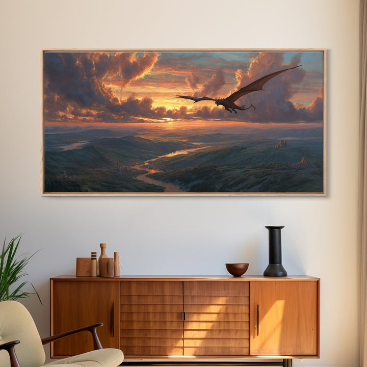 Dragon Flying Over Sunset Valley Wall Art, Epic Fantasy Canvas Print, Mountain Landscape Decor, Mythical Adventure Art Print