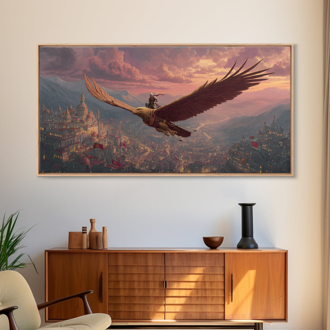 Epic Eagle Rider Over Kingdom Wall Art, Fantasy Canvas Print, Mythical Landscape Art For Gamer Room, Study, And Office Decor