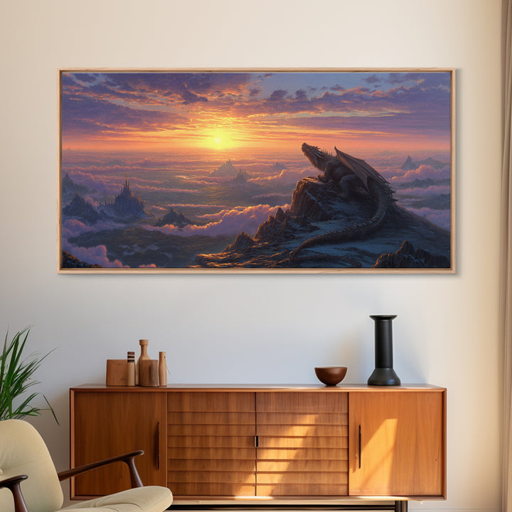 Sunset Dragon Mountain Kingdom Wall Art, Epic Fantasy Landscape Canvas, Medieval Castle Decor, Large Fantasy Art Print Gift