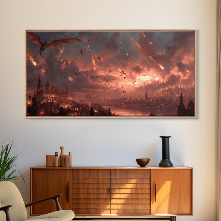 Dragon Siege Over Burning City Canvas Print, Dark Fantasy Wall Art, Gothic Medieval Decor, Epic Game Room Poster Gift For Gamer