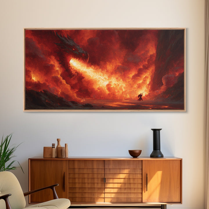 Fire Breathing Dragon In Volcanic Sky Canvas Print, Dark Fantasy Wall Art, Epic Dragon Art, Fantasy Decor, Gamer Room Decor, Large Artwork