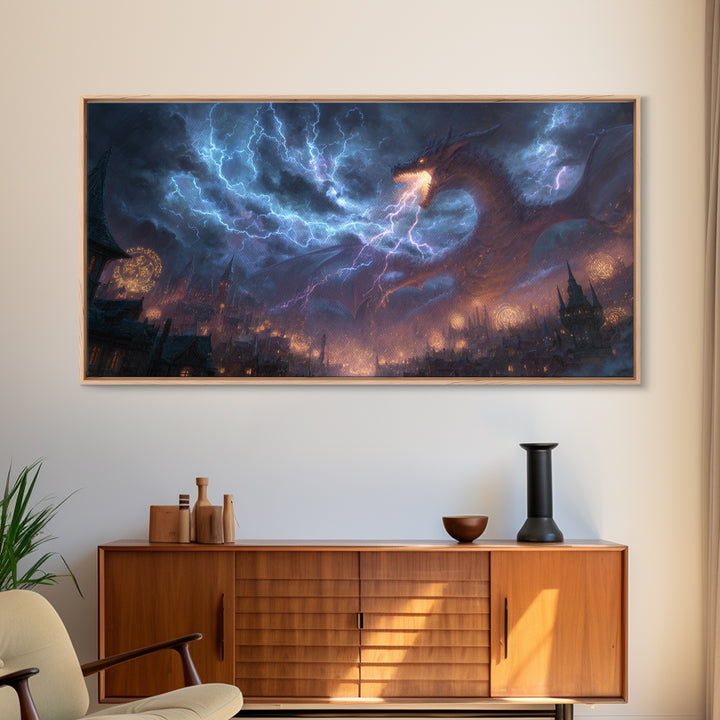 Lightning Dragon Over Gothic City Wall Art, Dark Fantasy Canvas, Stormy Castle Decor, Epic Dragon Print, Gamer Gift, Fantasy Decor