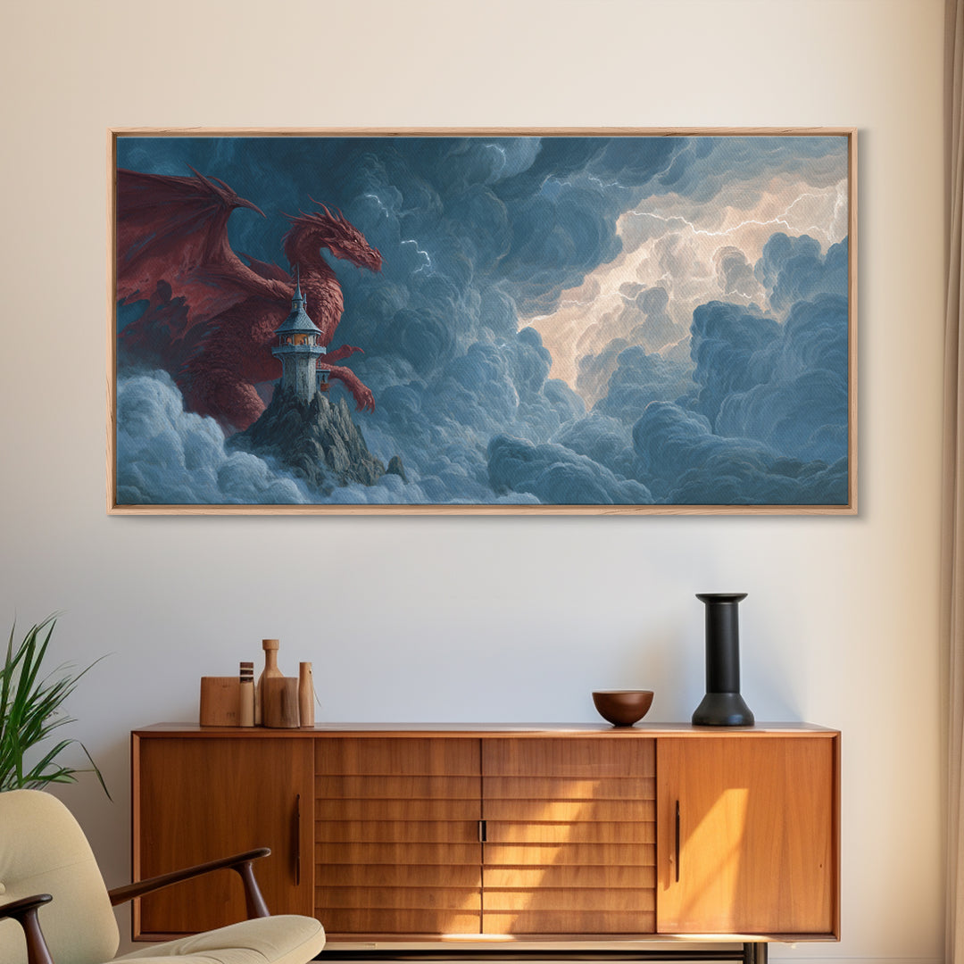 Red Dragon Lighthouse In Storm Clouds Canvas Print, Epic Fantasy Wall Decor, Mythical Creature Art, Dungeons And Dragons Gift