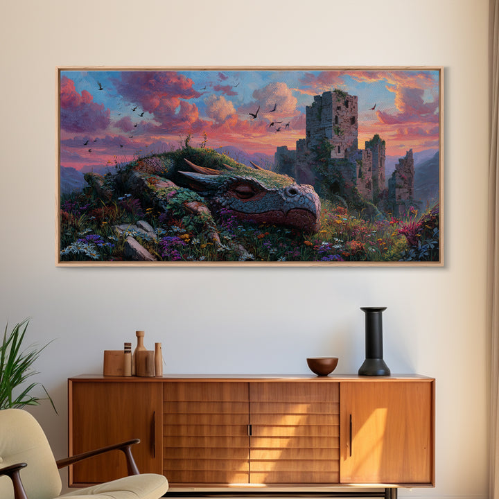 Sleeping Dragon Among Wildflowers Framed Canvas Print, Fantasy Wall Art, Whimsical Decor, Nursery Art, Enchanted Castle Art