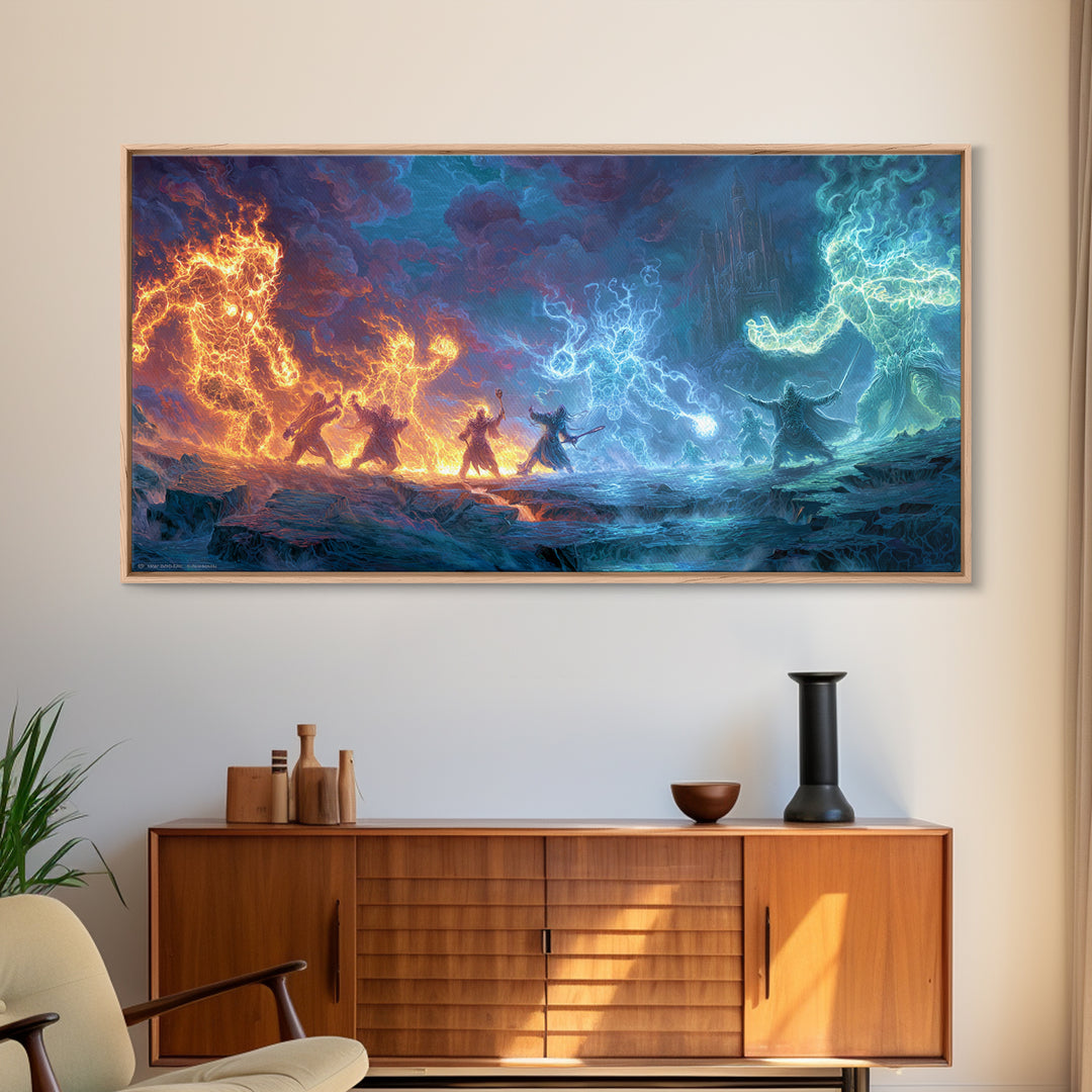 Elemental Dragon Battle Canvas Print, Fire And Ice Fantasy Wall Art, Epic Magic Warrior Decor, RPG Gamer Room Gift For Him