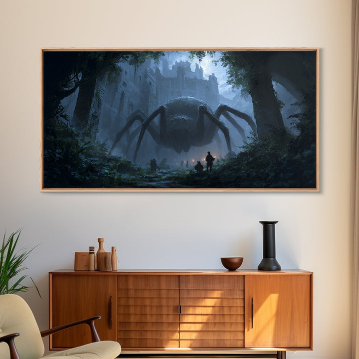 Giant Spider In Ruined Forest Canvas Print, Dark Fantasy Wall Art, Gothic Castle Decor, Creepy Dungeons And Dragons Gift