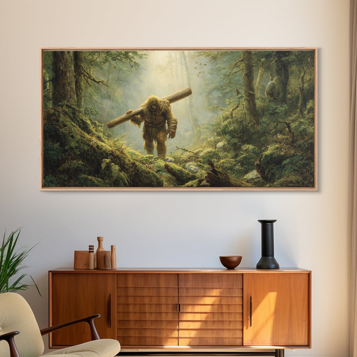 Bigfoot Carrying Log Through Mossy Forest Wall Art, Whimsical Wildlife Canvas Print, Cabin Decor, Fantasy Home Decor, Unique Gift
