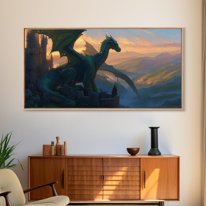 Emerald Dragon Castle Wall Art, Fantasy Landscape Canvas Print, Medieval Gothic Decor, Large Mythical Creature Artwork Gift