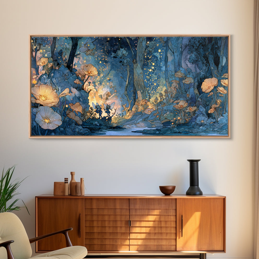 Glowing Blue Fairy Forest Canvas Print, Whimsical Floral Wall Art, Enchanted Woodland Decor, Firefly Fantasy Print, Nursery Wall Decor