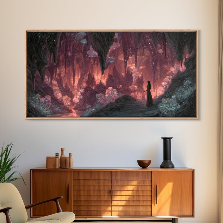 Glowing Crystal Mushroom Cave Wall Art, Magical Fantasy Canvas Print, Ethereal Decor, Whimsical Art, Goblincore Home Decor