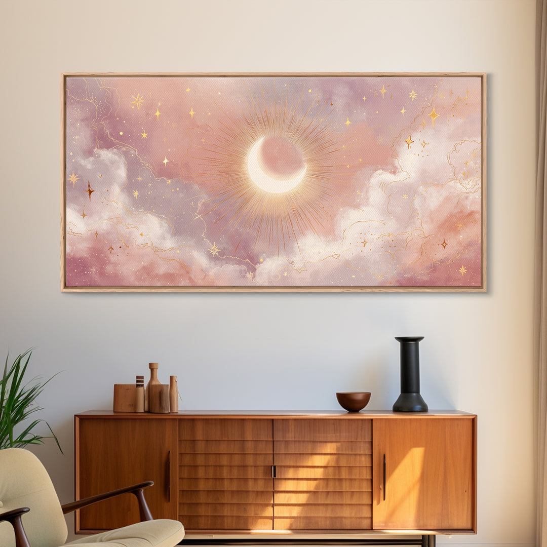 Glowing Solar Eclipse With Pink Clouds Wall Art, Celestial Canvas Print, Moon And Stars Decor, Dreamy Bedroom Decor Gift For Her