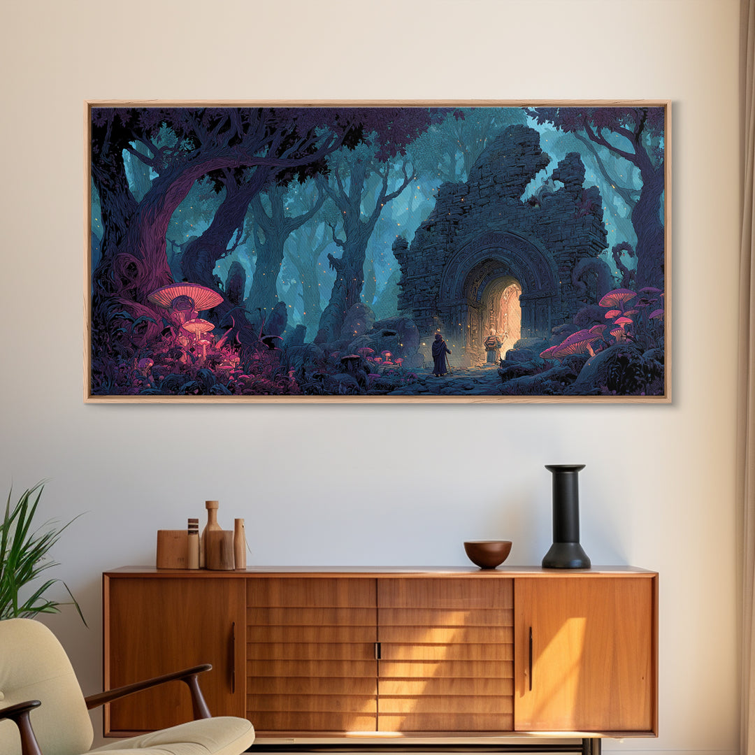 Enchanted Forest Portal Canvas Print, Mushroom Fantasy Wall Art, Magical Ruins Decor, Whimsical Fairy Tale Print For Kids Room